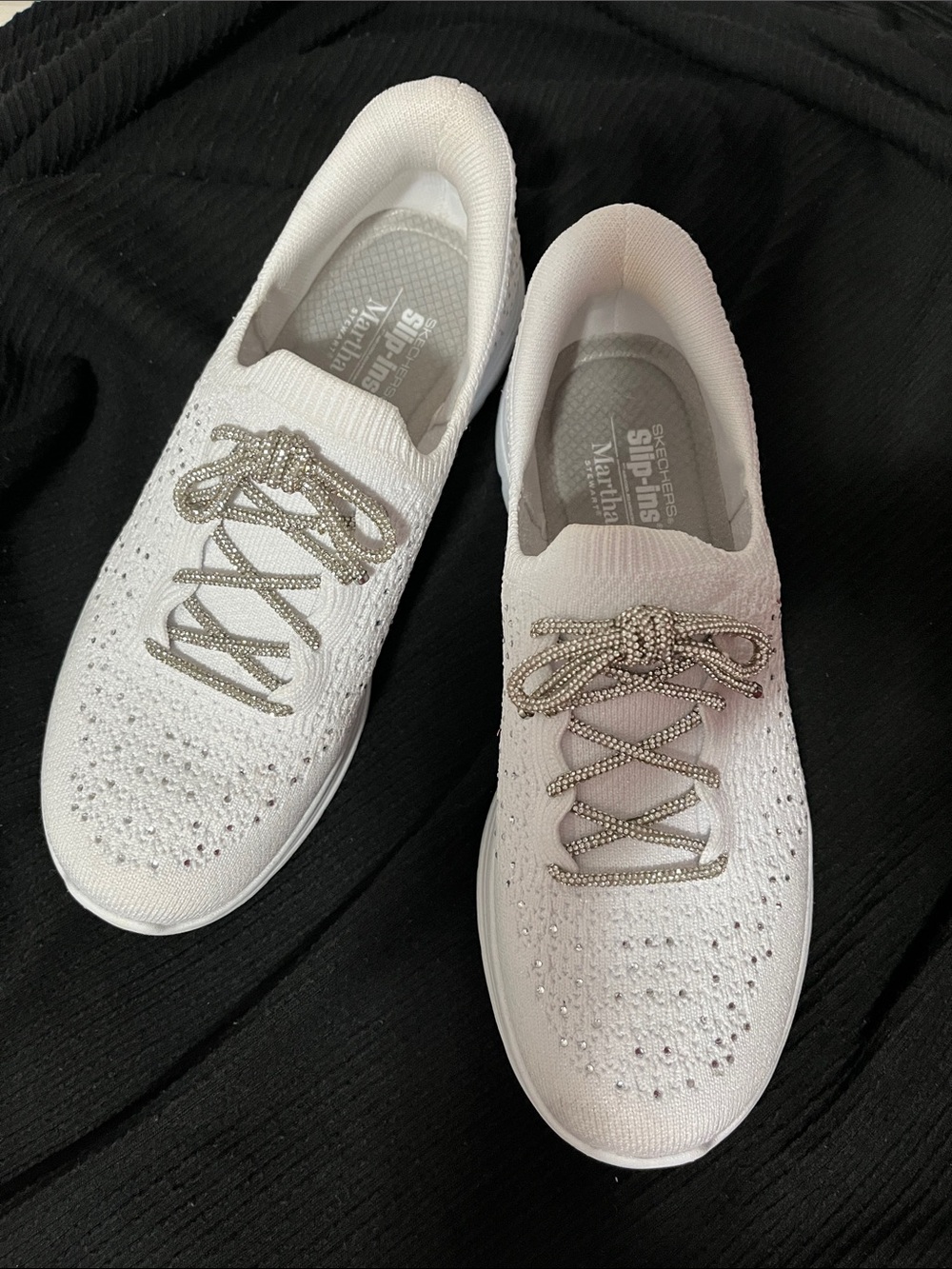 Skechers White Knit Slip-On Sneakers with Silver Metallic Laces